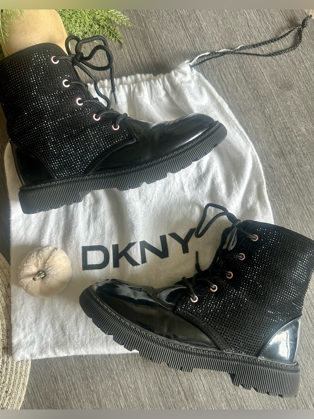 DKNY Girls Black Embellished Combat Boots w/ Dust Bag Included Size 3 1/2